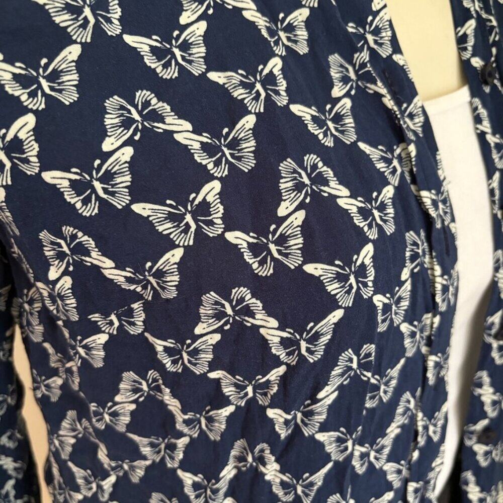 TALBOTS Butterfly Print Long Sleeve Lightweight Button Front Shirt  in Navy SZ S